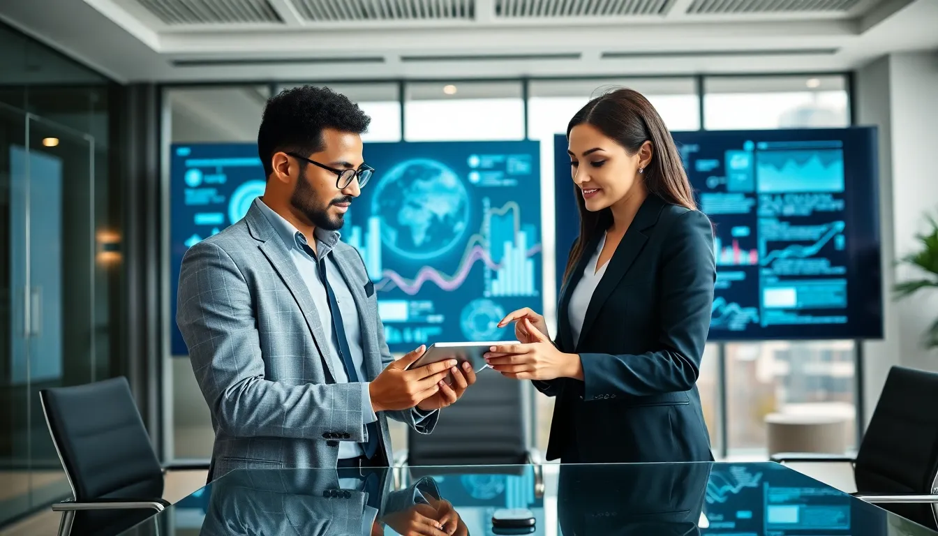 diverse team analyzing data in a modern office.